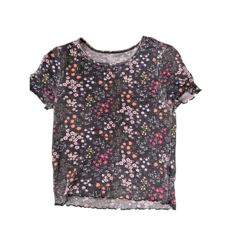 American Eagle Ribbed Flower Tee‎ Charcoal Grey Ditsy Floral Lettuce Edge Small